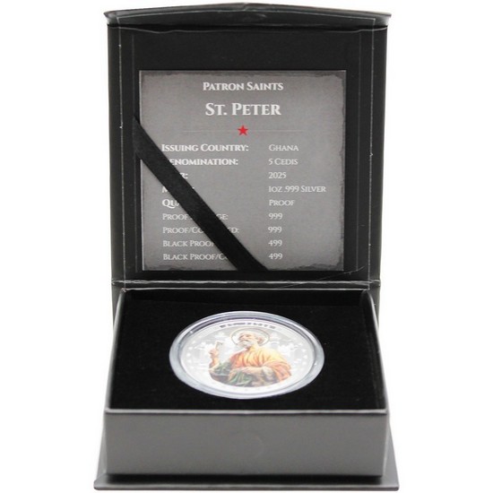 2025 Ghana Silver The Patron Saint Series: St. Peter Colorized 1oz Coin in OGP