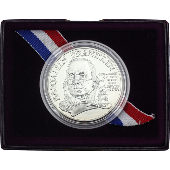 (1992) P Silver Benjamin Franklin Firefighters 1oz BU Medal in OGP