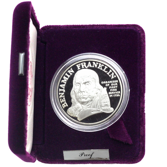 (1992) P Silver Benjamin Franklin Firefighters 1oz Proof Medal in OGP