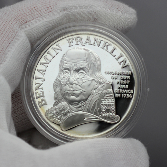 (1992) P Silver Benjamin Franklin Firefighters 1oz Proof Medal in OGP