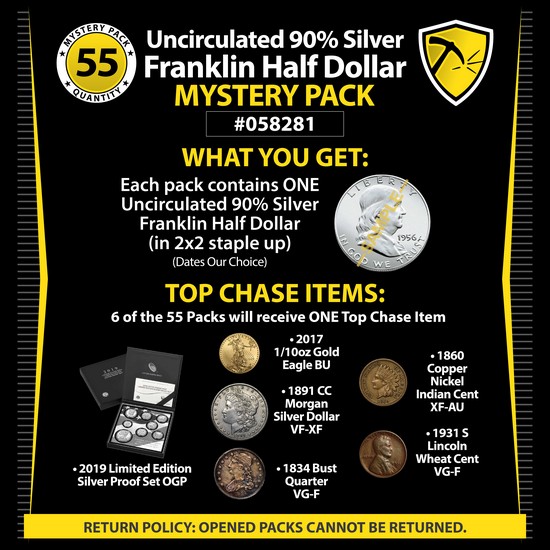 Uncirculated 90% Silver  Franklin Half Dollar Mystery Pack #058281