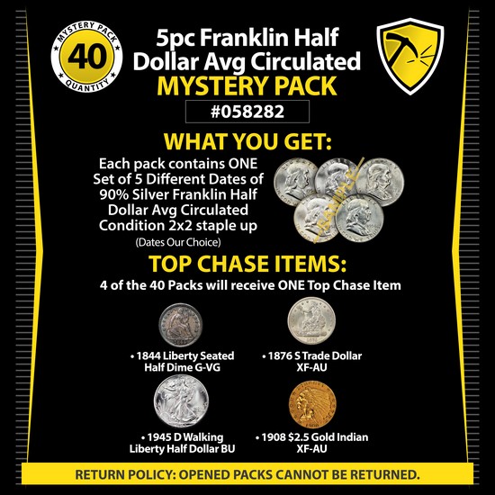 5pc Franklin Half Dollar Avg Circulated Mystery Pack #058282