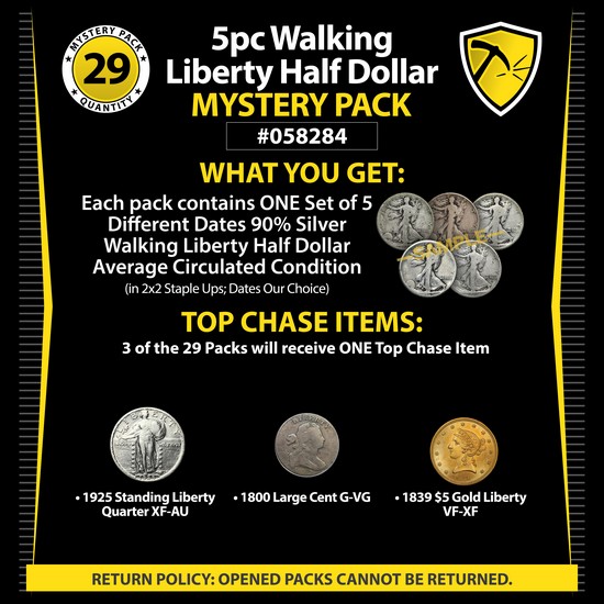 5pc Walking Liberty Half Dollar Mystery Pack #05824