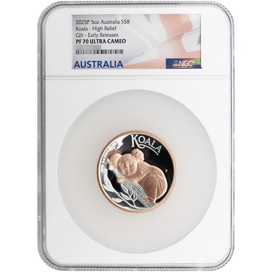 2025 P Australia Silver Koala 5oz High Relief Rose Gilded PF70 UC ER NGC Flag Label