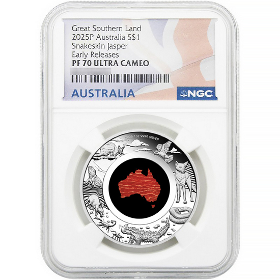 2025 P Australia Silver Great Southern Land: Snakeskin Jasper 1oz Coin PF70 UC ER NGC Flag Label