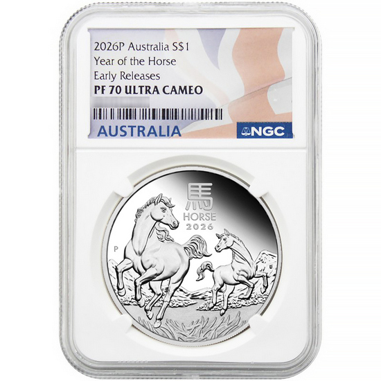 2026 P Australia Silver Year of the Horse 1oz Coin PF70 UC ER NGC Flag Label