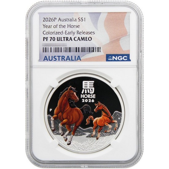 2026 P Australia Silver Year of the Horse 1oz Colorized Coin PF70 UC ER NGC Flag Label
