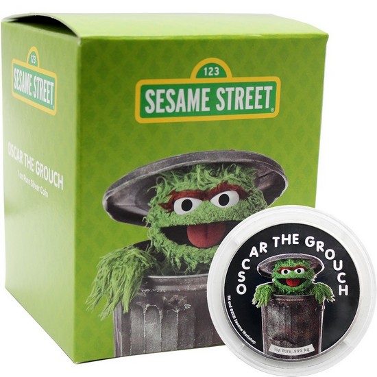 2022 Samoa $5 Oscar the Grouch Sesame Street Series 1oz Silver Coin in Trash Can Custom Packaging