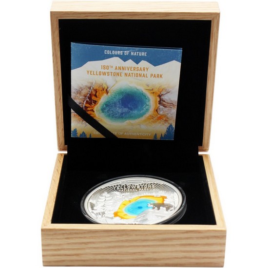 2022 150g Silver Barbados Yellowstone 150th Anniversary Enameled Coin in Box