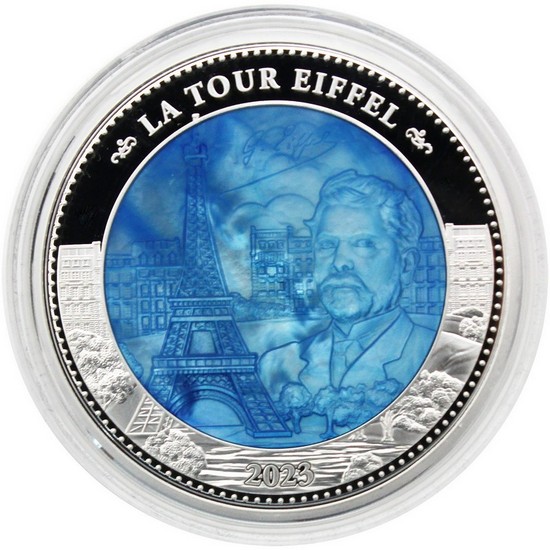 2023 Cook Islands Silver Gustave Eiffel 5oz Mother of Pearl Inlay Proof Coin in OGP