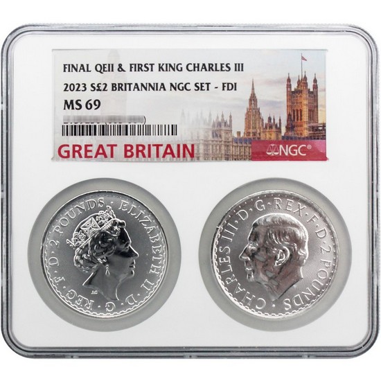 2023 Great Britain Silver Britannia Queen Elizabeth and King Charles Effigy Coins NGC MS69 FDI Multiholder Set