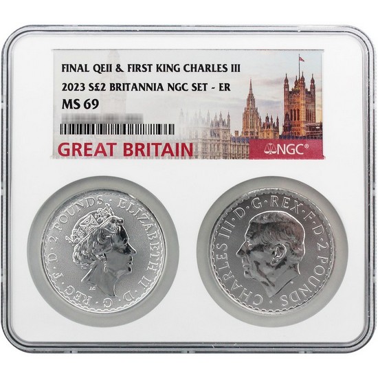 2023 Great Britain Silver Britannia Queen Elizabeth and King Charles Effigy Coins NGC MS69 ER Multiholder Set