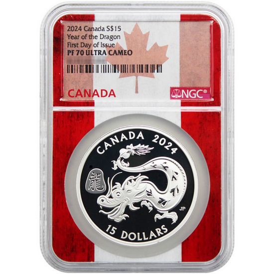 2024 Canada Silver Year of the Dragon 1oz Coin PF70 UC FDI NGC Canada Core Flag Label