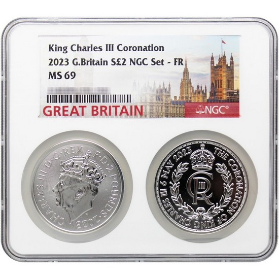 2023 Great Britain Silver King Charles III Coronation 2 Coin Set MS69 FR NGC Tower Label