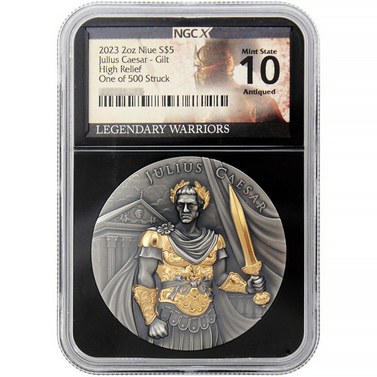 2023 Julius Caesar 2oz Gilt UHR Antiqued Silver Coin NGCX MS10 Legendary Warriors Label