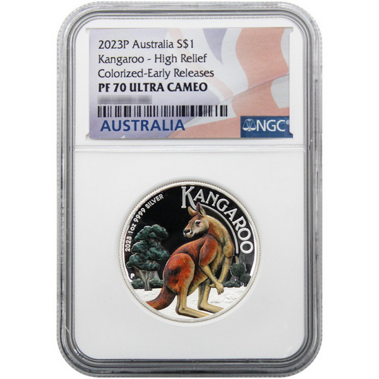 2023 P Australia Silver High Relief Colorized Kangaroo NGC PF70 UC ER Flag Label