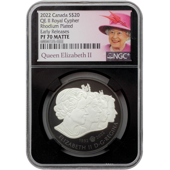2022 Canada Silver Queen Elizabeth II Royal Cypher 1oz Black Rhodium Plated Coin PF70 Matte ER NGC Black Core QE Label