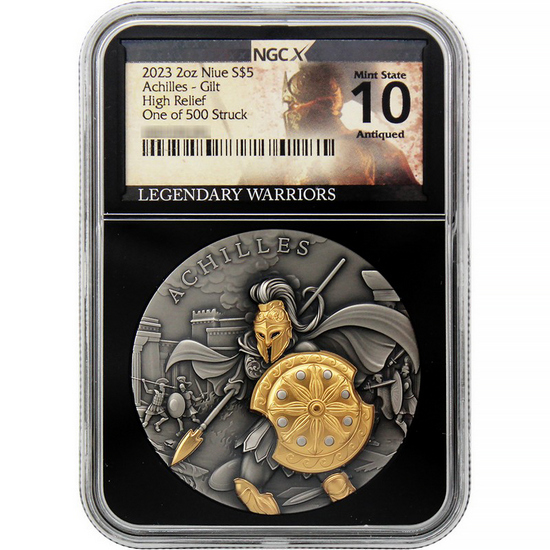2023 Achilles 2oz Gilt UHR Antiqued Silver Coin NGCX MS10 Legendary Warriors Label
