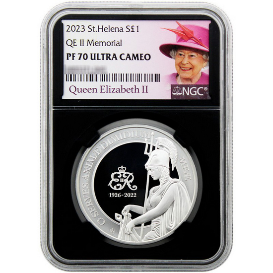 2023 St Helena Silver Queen's Memorial 1oz Coin PF70 UC NGC Black Core Queen Elizabeth II Label
