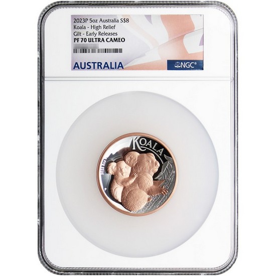 2023 P Australia Silver Koala 5oz High Relief Rose Gilded PF70 UC ER NGC Flag Label