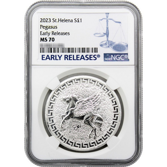 2023 St Helena Silver Pegasus 1oz Coin MS70 ER NGC Blue Label
