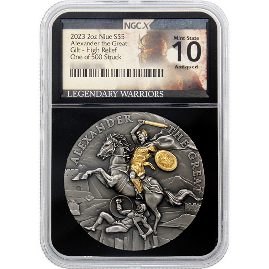 2023 Alexander The Great 2oz Gilt UHR Antiqued Silver Coin NGCX MS10 Legendary Warriors Label