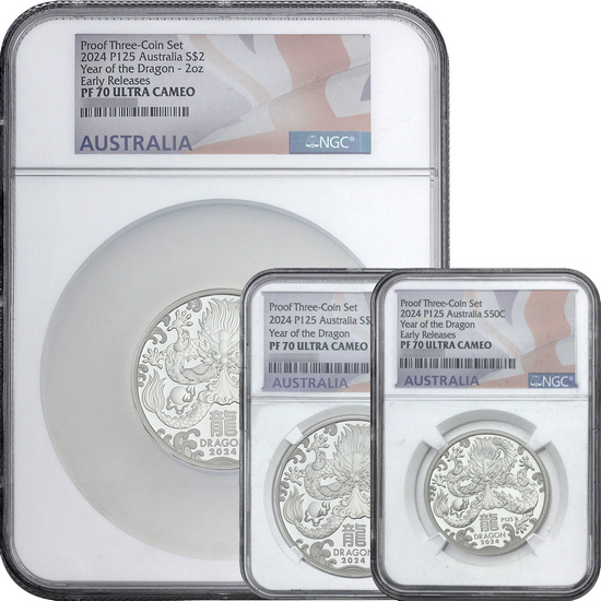 2024 P Australia Silver Year of the Dragon Lunar Series III 1/2oz, 1oz and 2oz Proof 3 Coin Set PF70 UC ER NGC Flag Label