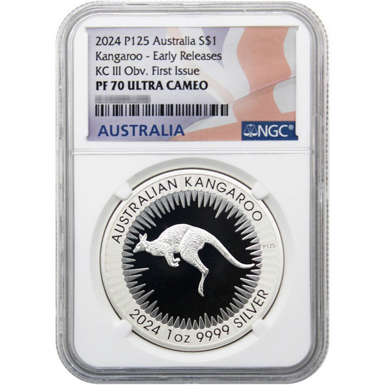 2024 P125 Australia Silver Kangaroo 1oz Coin PF70 UC ER NGC Flag Label