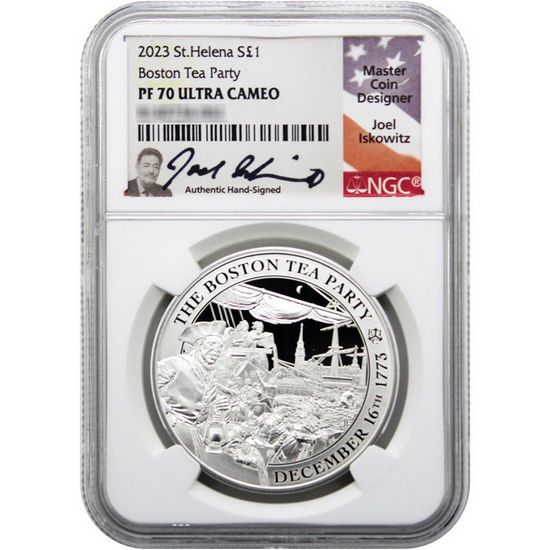 2023 St Helena Silver 250th Anniversary Boston Tea Party 1oz Coin PF70 UC NGC Joel Iskowitz Signed