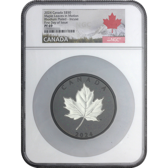 2024 Canada Maple Leaves in Motion 1oz Silver Rhodium - Plated Incuse Coin PF69 FDI NGC Canada Label