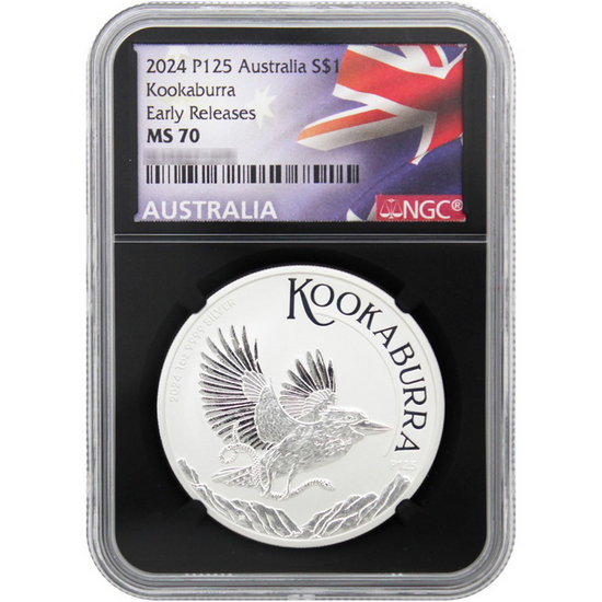 2024 P125 Australia Kookaburra Silver 1oz Coin MS70 ER NGC Flag Label Black core