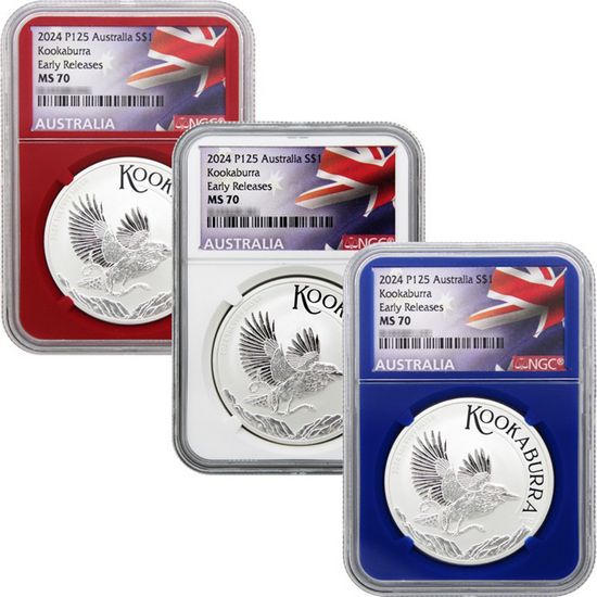 2024 P125 Australia Kookaburra Silver 1oz Coin MS70 ER NGC Flag Label Red, White & Blue Core 3pc Set in Clear Case