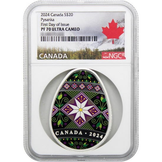 2024 Canada Silver Traditional Ukrainian Pysanka Egg-Shaped 1oz Colorized Coin PF70 UC FDI NGC Canada Label