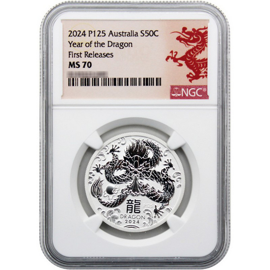 2024 P125 Australia Silver Year of the Dragon Lunar Series III 1/2oz Coin PF70 UC FR NGC White Core Dragon Label