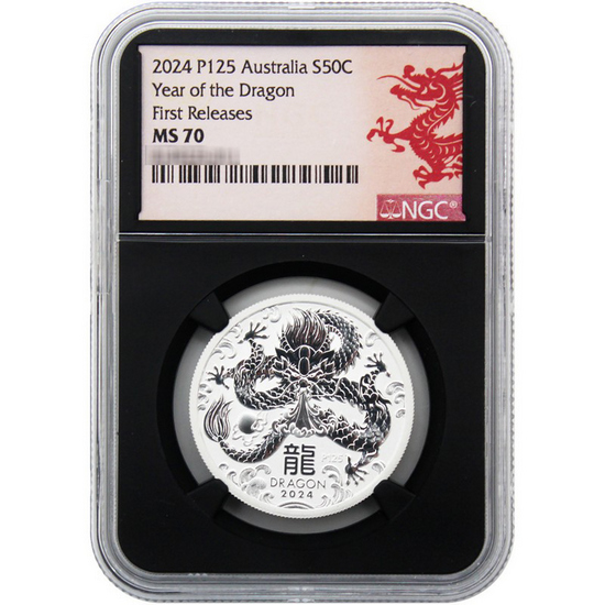 2024 P125 Australia Silver Year of the Dragon Lunar Series III 1/2oz Coin PF70 UC FR NGC Black Core Dragon Label