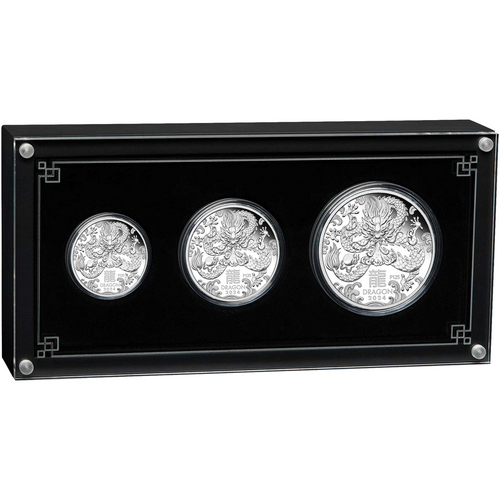 2024 P Australia Silver Year of the Dragon Lunar Series III 1/2oz, 1oz and 2oz Proof 3 Coin Set