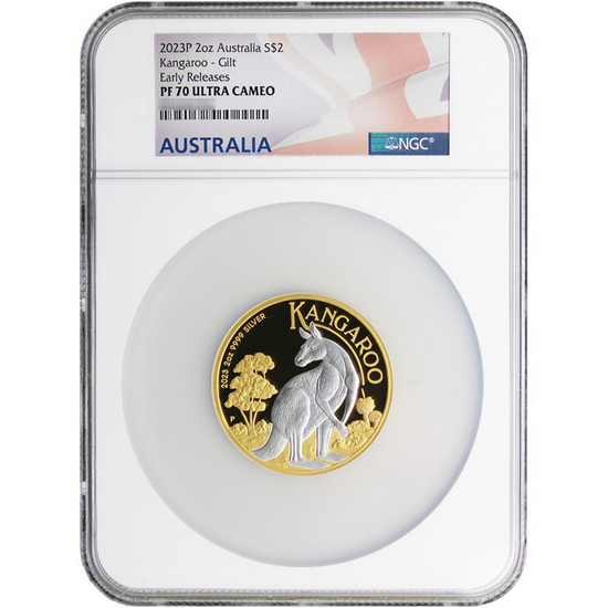 2023 P Australia Silver Kangaroo 2oz Reverse Gilded Coin NGC PF70 UC ER Flag Label