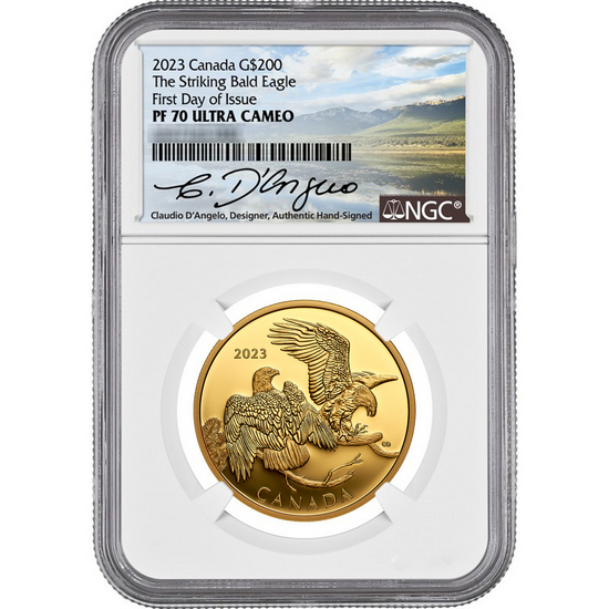 2023 Canada Gold The Striking Bald Eagle 1oz PF70 UC FDI Signed Label