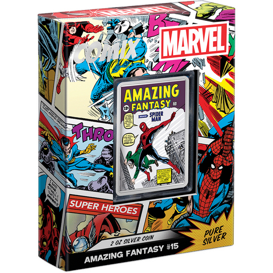 2023 Niue Silver Marvel Comix™ Series: Origin of Spider-Man Amazing Fantasy #15 2oz Colorized Proof Coin Bar in OGP