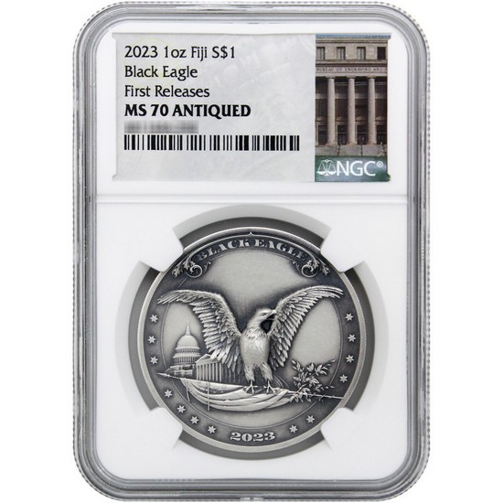 2023 Fiji Silver Antiqued Black Eagle 1oz Coin UHR MS70 First Releases NGC Bureau of Engraving Label