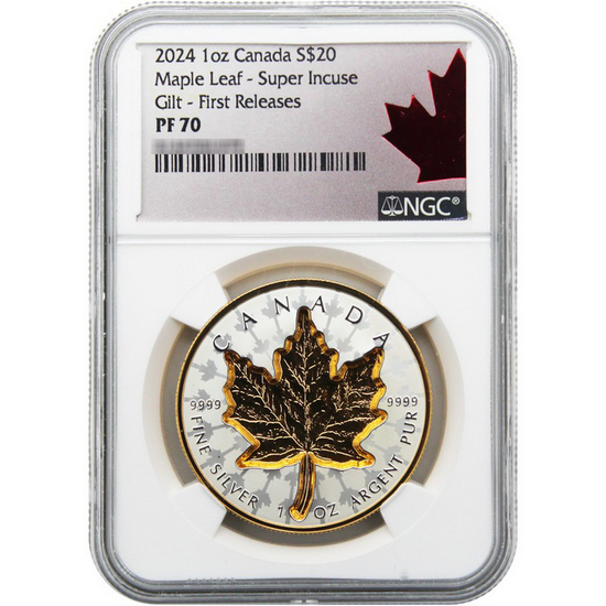 2024 Canada Silver Maple Leaf 1oz PF70 Super Incused Gilt FR NGC Maple Leaf Label