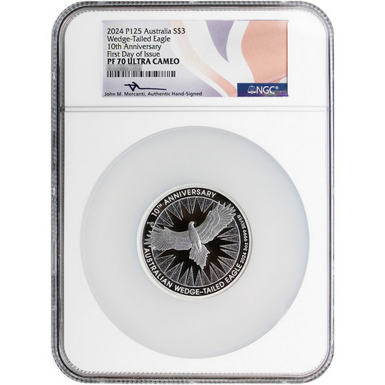 2024 P125 Australia Silver Wedge Tailed Eagle 3oz HR Coin PF70 UC FDI NGC Flag Label John Mercanti Signed 2024 P125 Australia Silver Wedge Tailed Eagle 3oz HR Coin PF70 UC FDI NGC Flag Label John Mercanti Signed