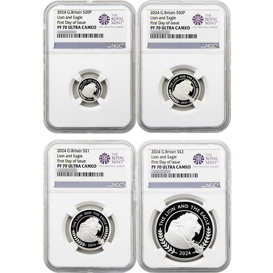 2024 Great Britain Silver The Lion and The Eagle Fractional 4 Coin Set PF70UC FDI NGC The Royal Mint Label