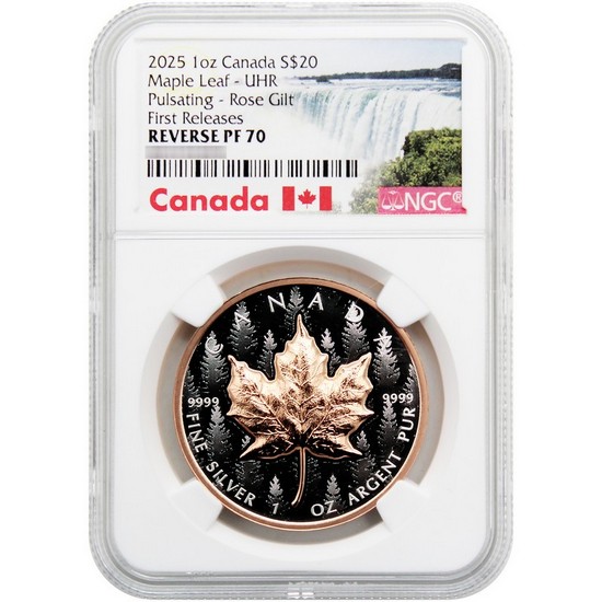 2025 Canada Silver Maple Leaf 1oz UHR Pulsating Rose Gilt FR NGC REV PF70 Niagara Falls Label