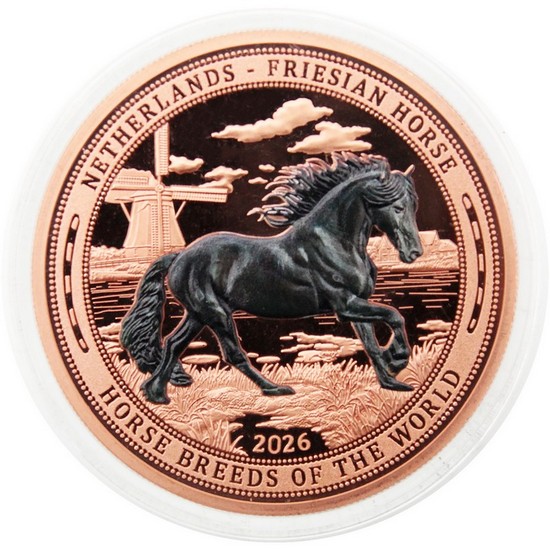 2026 $1 Liberia 5oz Colorized Copper Friesian Horse BU OGP 2026 $1 Liberia 5oz Colorized Copper Friesian Horse BU OGP
