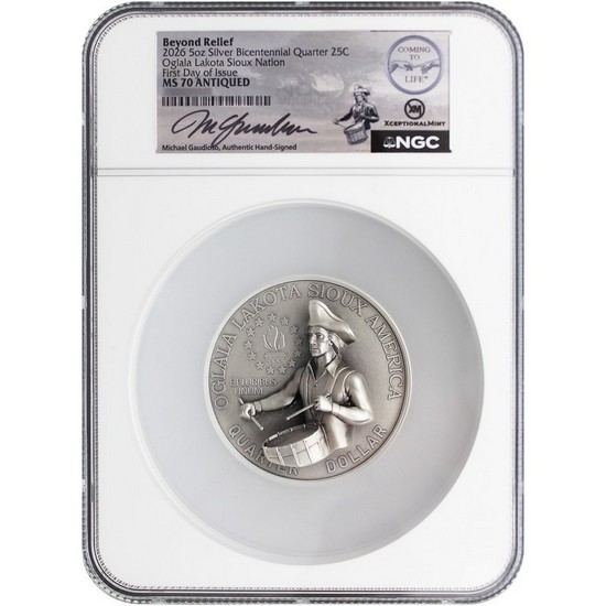 2026 25C Oglala Lakota Sioux Nation Beyond Relief 5oz Silver Bicentennial Quarter NGC MS70 Antiqued