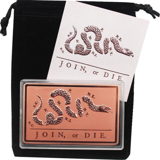 2026 $1 Liberia 5oz Copper Join or Die BU Ingot in Velvet Pouch