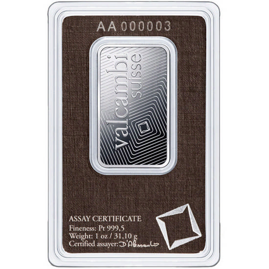 Valcambi Suisse 1oz Platinum Bar in Assay Card