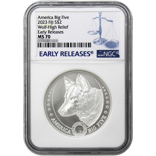 2023 Fiji Silver Grey Wolf 1oz UHR MS70 ER NGC Blue Label