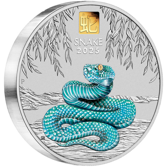 2025 P Australia Silver Year of the Snake Lunar Series III Kilo Colorized Coin With Gold Privy Mark